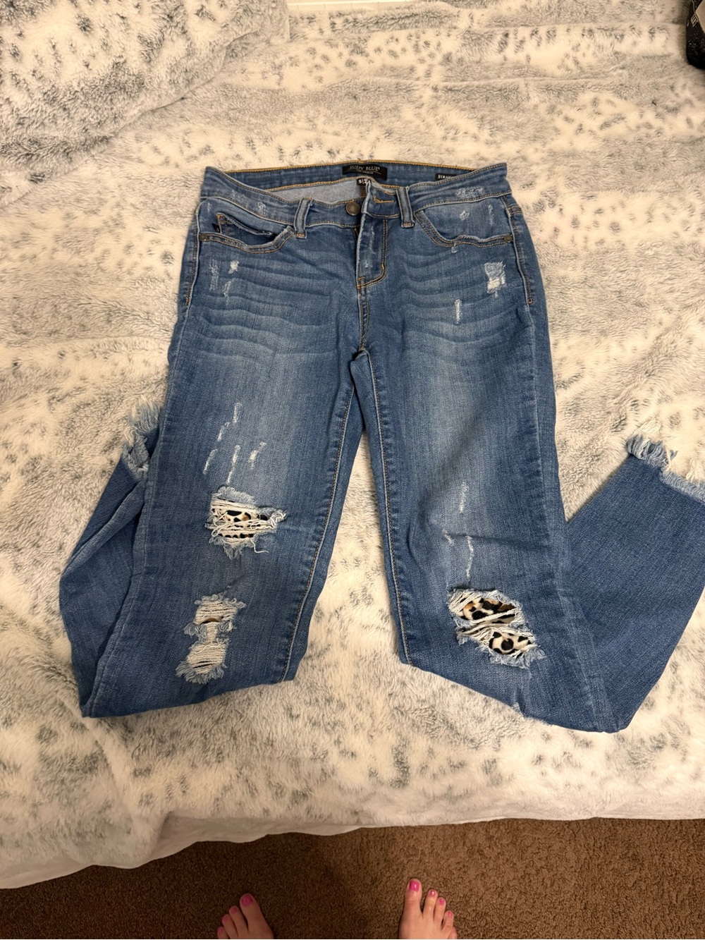 Judy Blue Distressed Medium Blue with Animal Print Cut-Outs Boyfriend Jeans